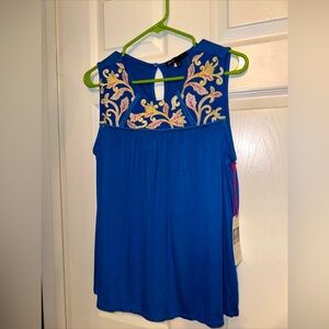 NWT Gibson X Hi Sugarplum! Sz S Limone Royal Blue Embroidered Floral Yoke Top